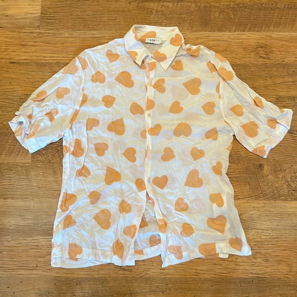 Sandro Orange Heart Button Down Collared Short Sleeve Blouse A6 - Picture 1 of 4